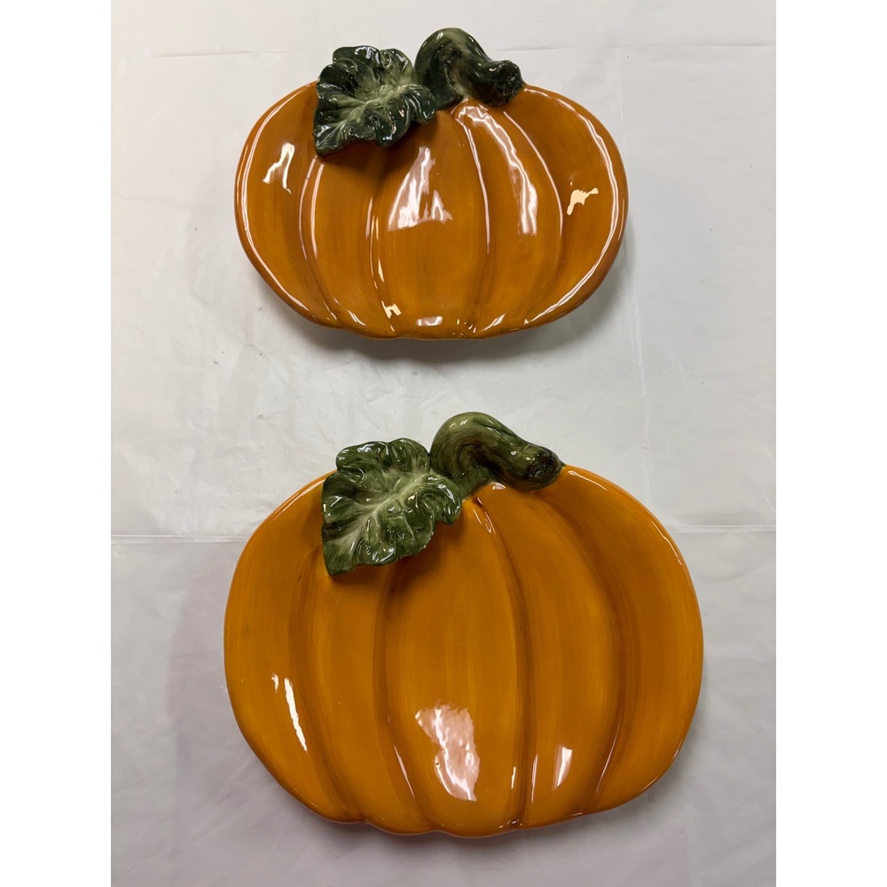 Kaldun & Bogle Ceramic Pumpkin Plates Set of 2 Harvest Thanksgiving Decor Orange